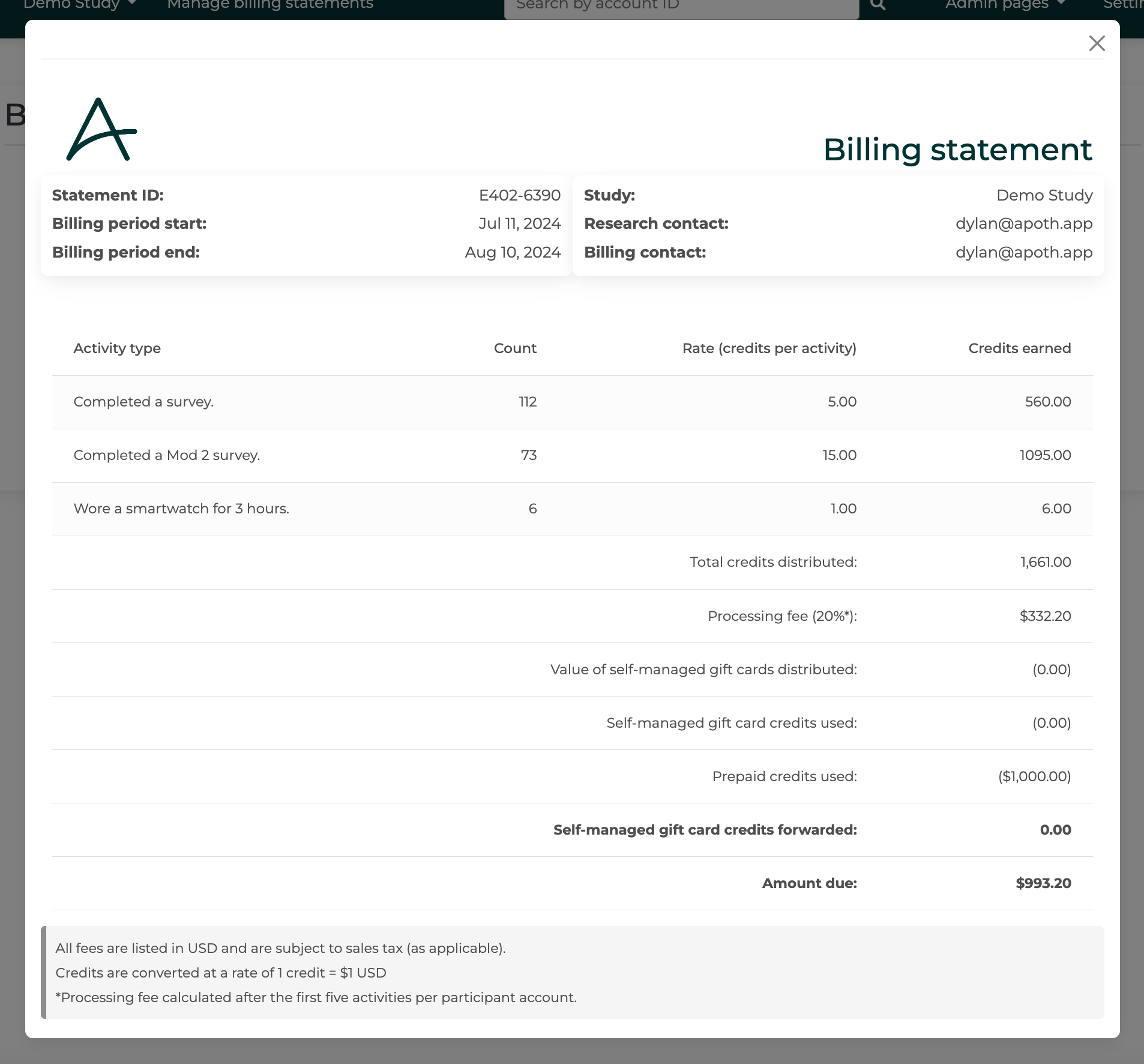 An example screenshot of a billing statement for Month 1.