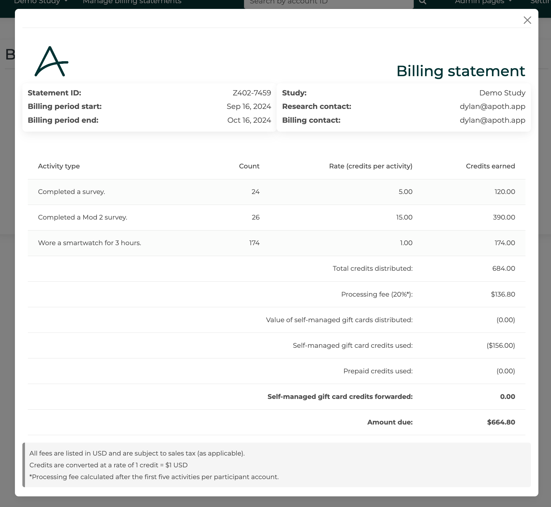 An example screenshot of a billing statement for Month 3.
